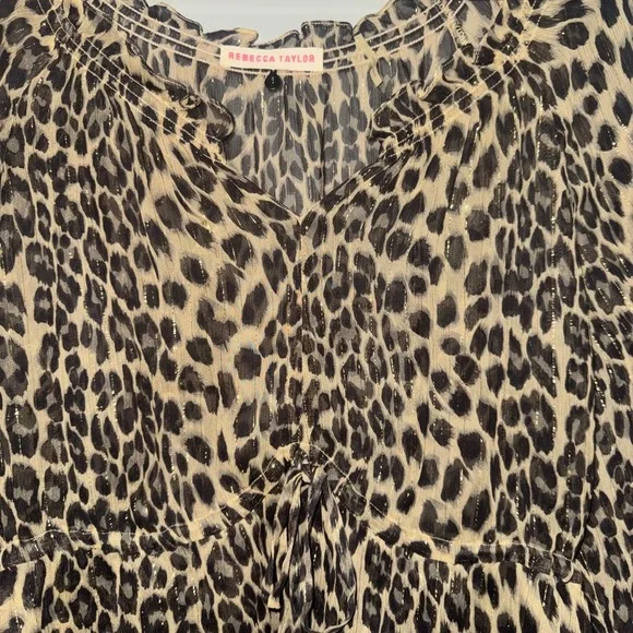 Rebecca Taylor Leopard‎ Print Tiered Blouse Smocked Neck Metallic Gold Accents - Picture 2 of 4